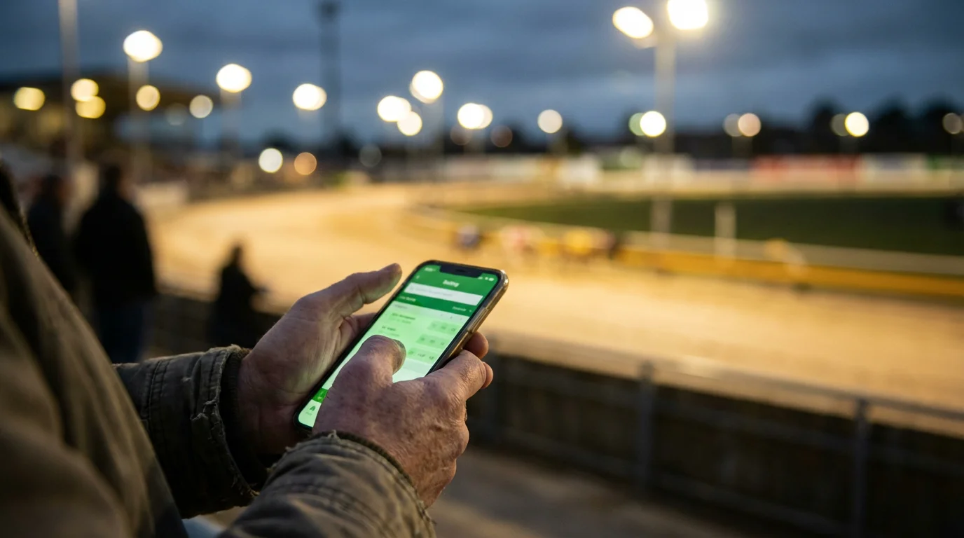 A person holds a smartphone displaying a greyhound betting interface, with a floodlit racetrack blurred in the background, blending warm stadium lights with the screen's cool glow.