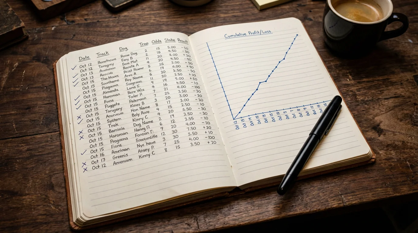 Notebook with handwritten greyhound betting records showing dates, tracks, selections, and results alongside a pen