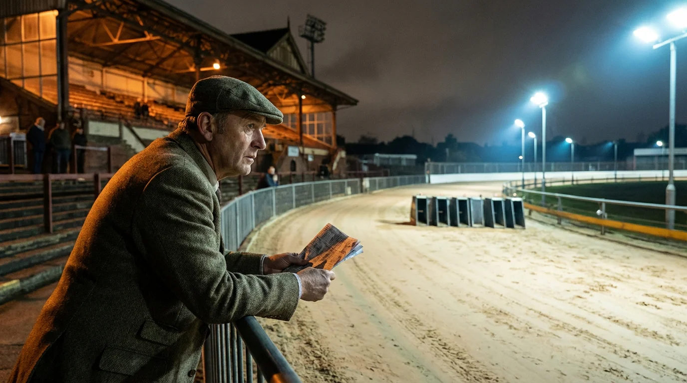 Greyhound betting strategy — punter analysing form at a dog track