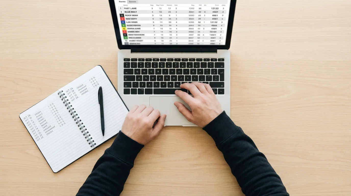 Person studying a greyhound racecard on a laptop screen with a notebook and pen beside it