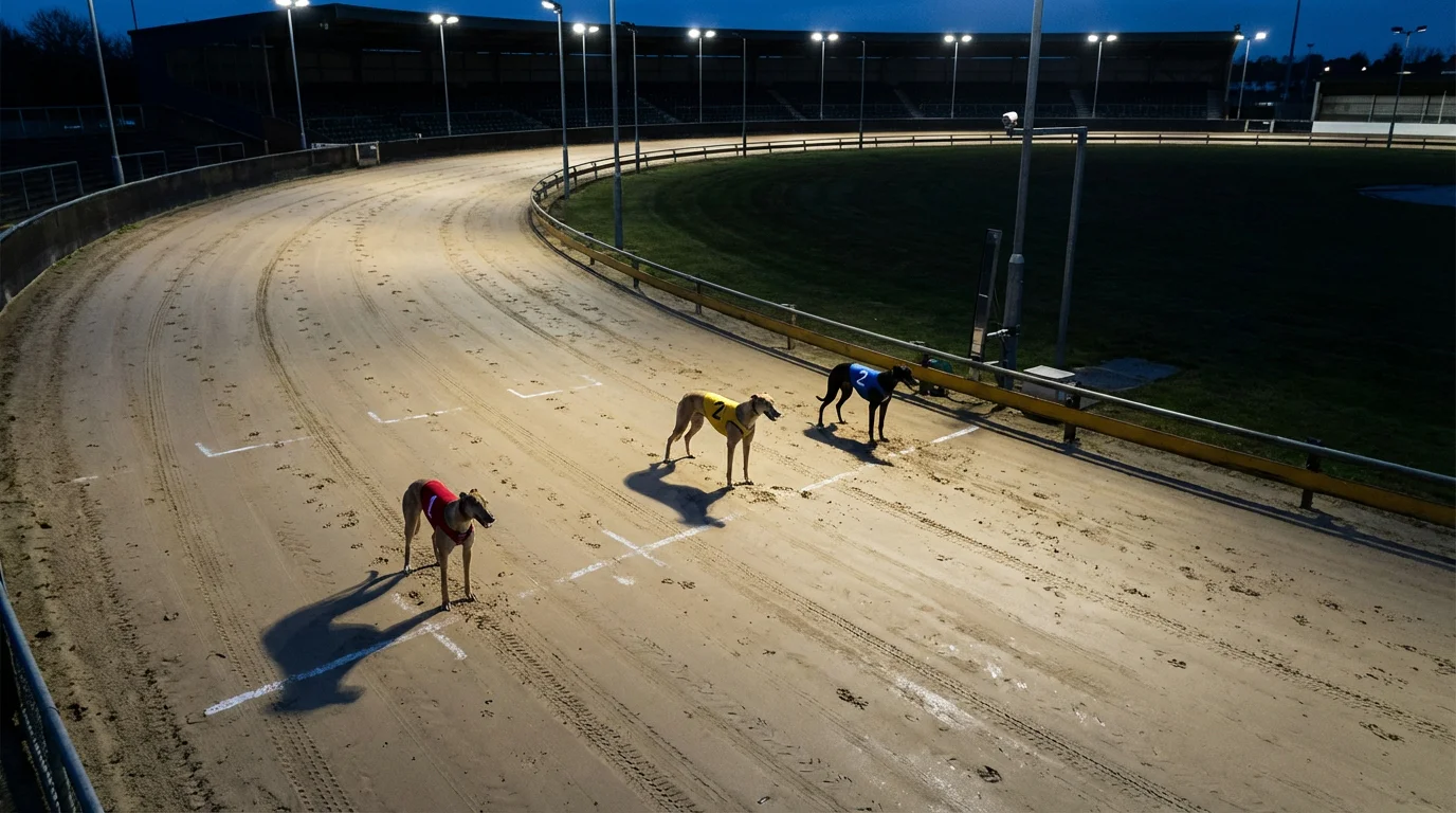Three greyhounds in coloured jackets at different starting positions on a sand track, illustrating the staggered starts used in handicap races.