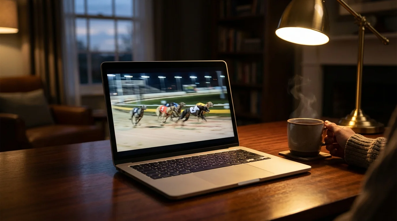 Two greyhounds in red and white racing jackets sprint along a sandy track under warm floodlights, with the track stretching into the distance