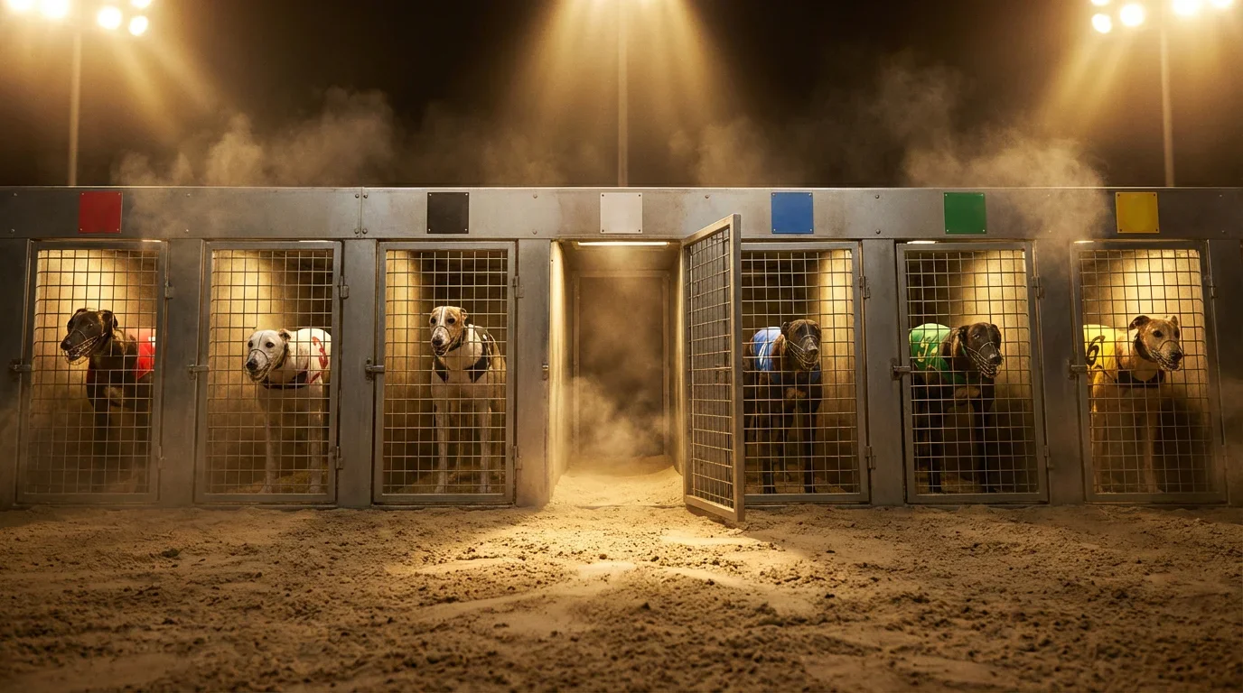 Five greyhounds in coloured racing jackets wait in their traps while one trap stands empty with its door open, illustrating a non-runner scenario.