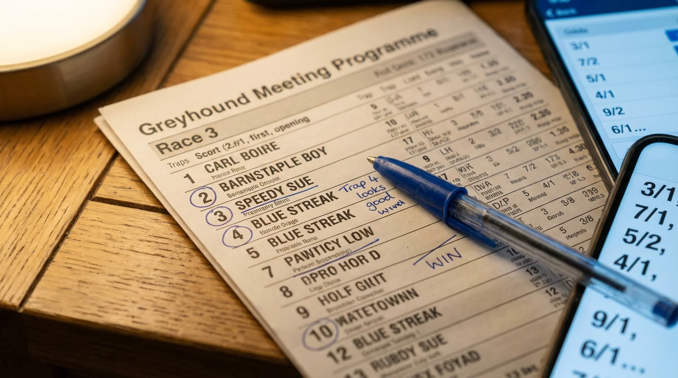 Close-up of a printed greyhound racecard showing form figures, trap numbers, and starting prices on a desk