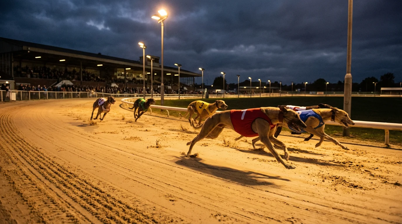 Greyhound dogs racing on a sand track under floodlights at a UK stadium during an evening meeting
