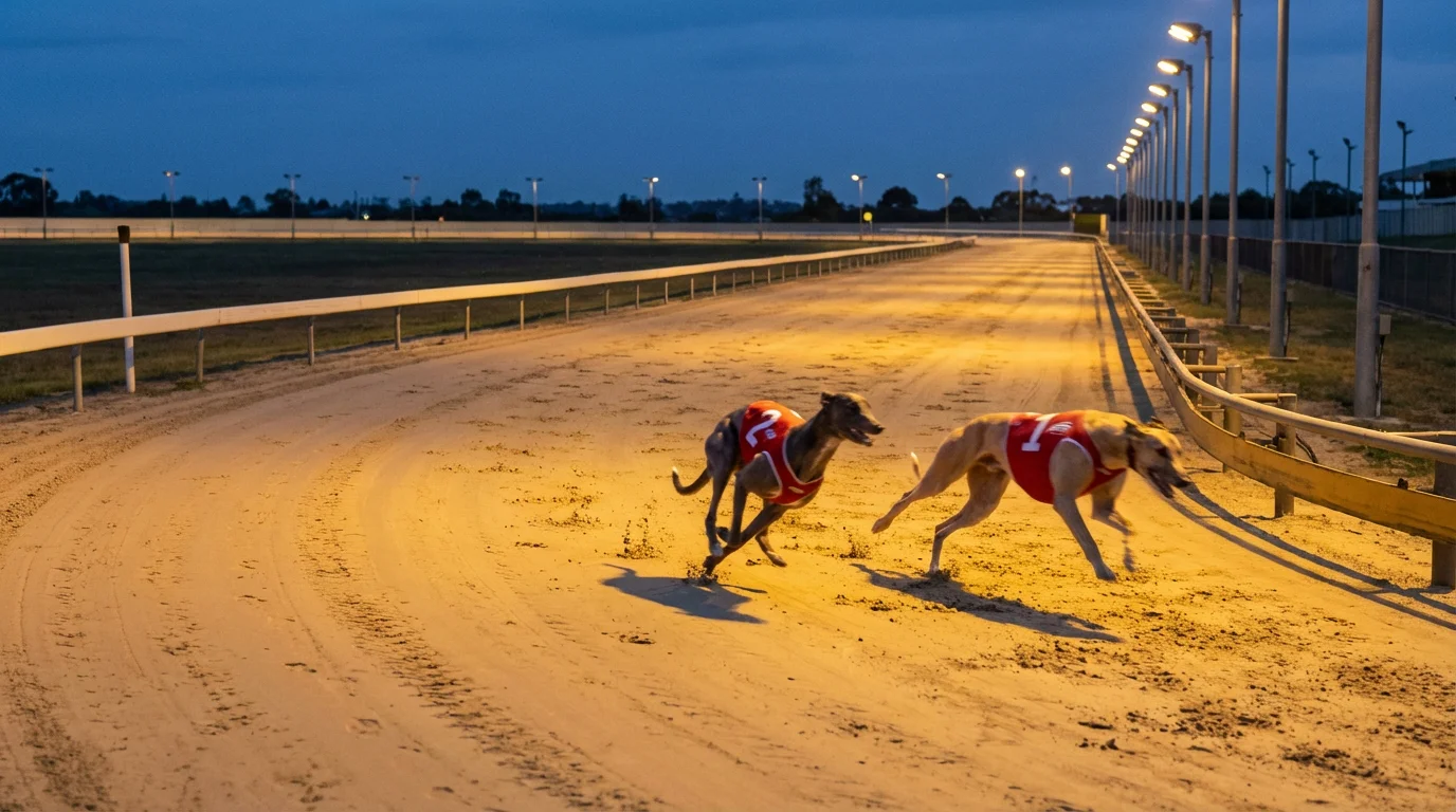 Two greyhounds — a compact sprinter and a leaner stayer — race along a sandy track under warm floodlights, illustrating different physical types for different distances.