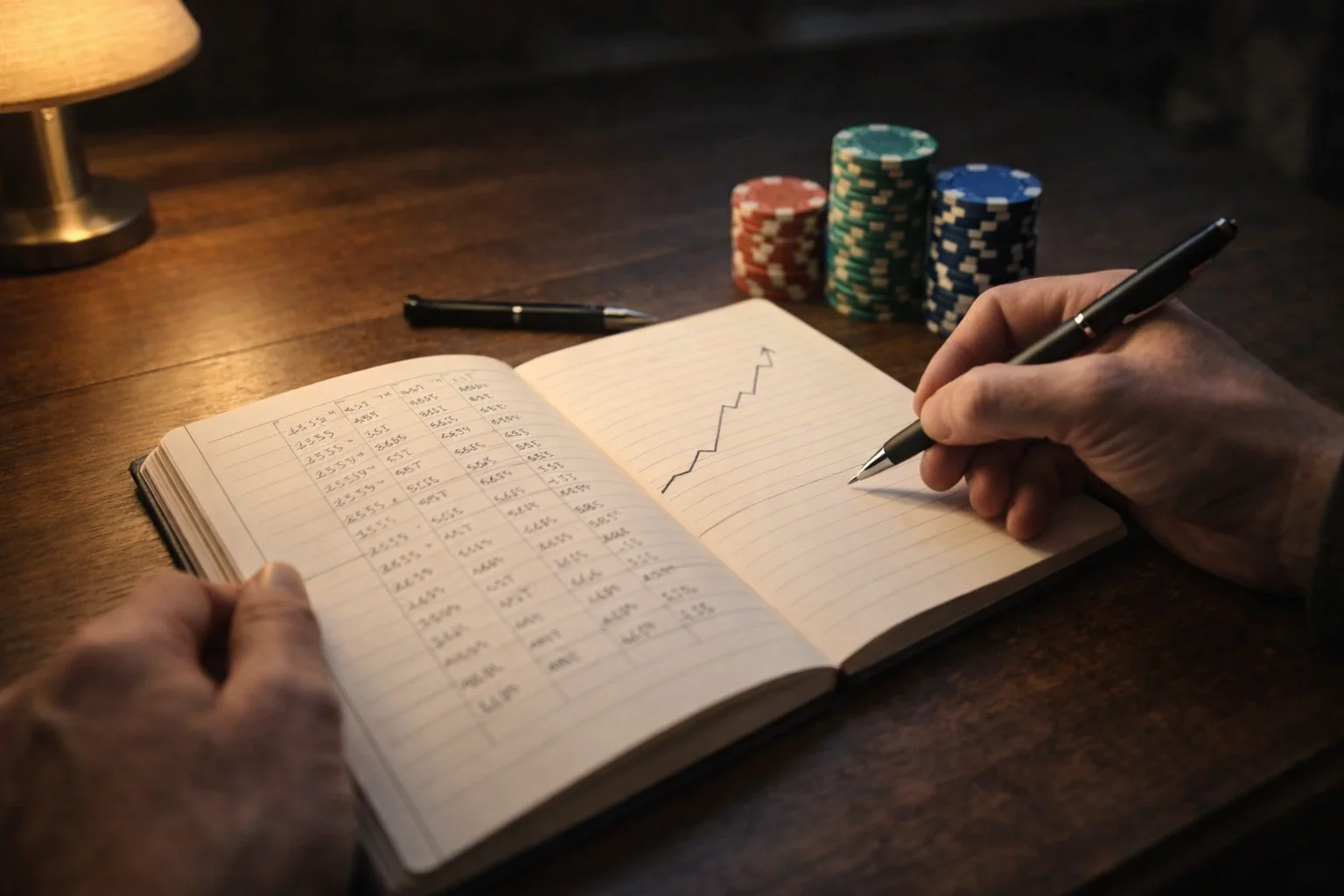 A person's hands writing staking figures in a notebook beside stacked poker chips, representing disciplined greyhound betting bankroll management.