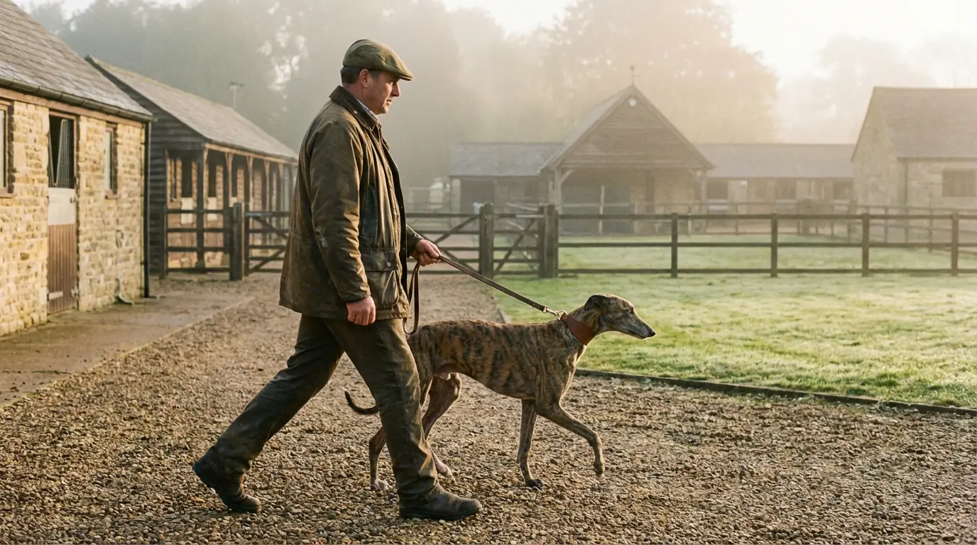 A greyhound trainer in a wax jacket walks a sleek racing greyhound on a lead through a misty kennel yard in early morning golden light.