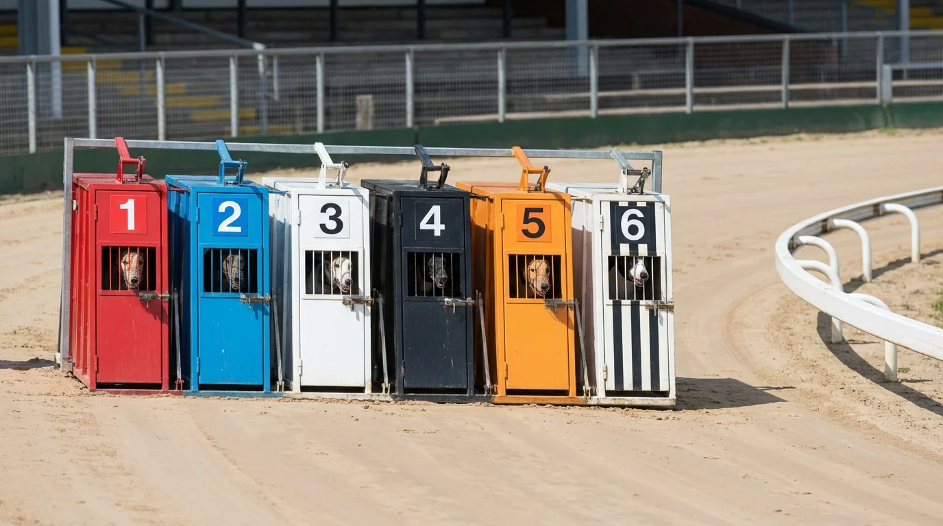 Six greyhound starting traps numbered one to six at a UK sand track with dogs loaded and ready to race