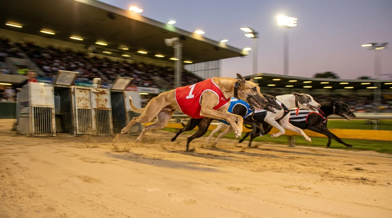 Four greyhounds in coloured racing jackets burst from the traps at race start, captured mid-leap with sand flying under floodlights.