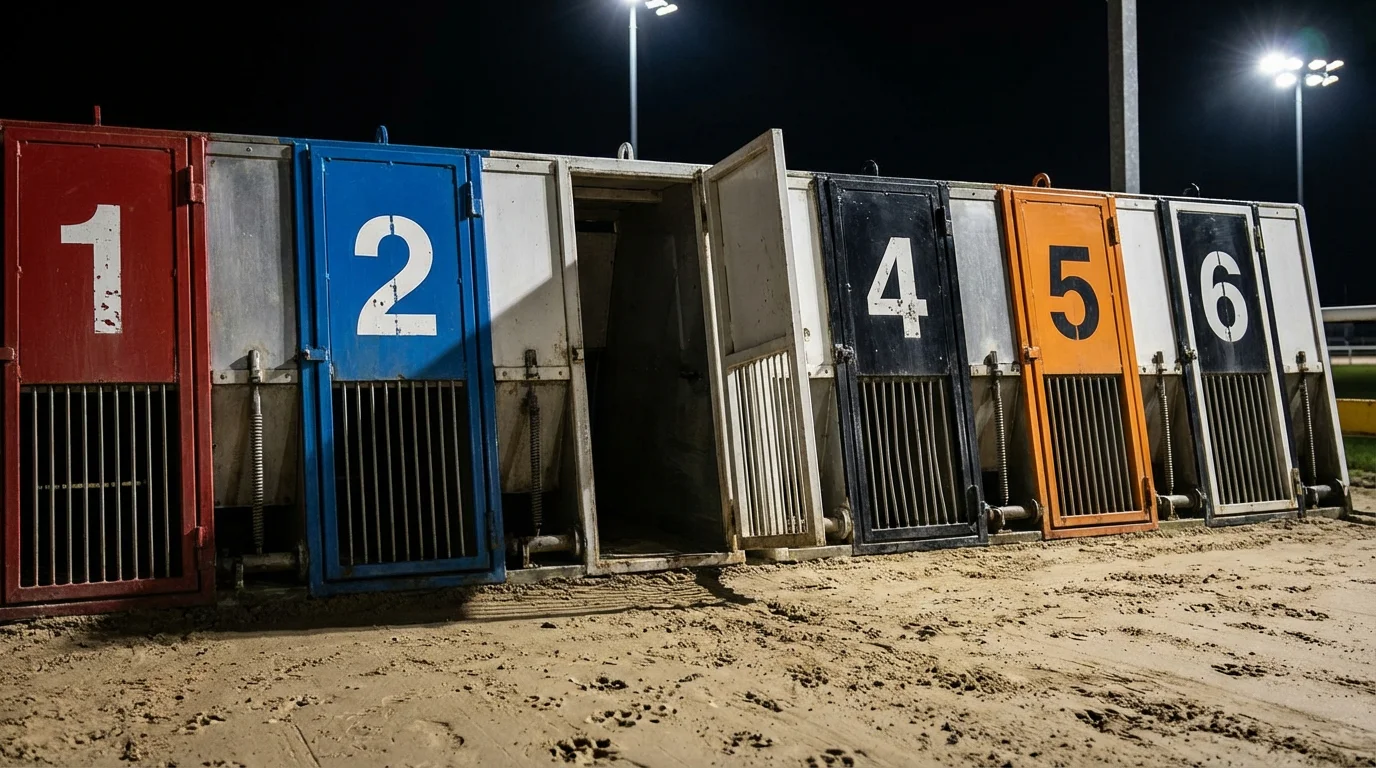 Row of six greyhound racing traps in traditional UK colours, with one door open and empty, illuminated by dramatic stadium floodlighting.