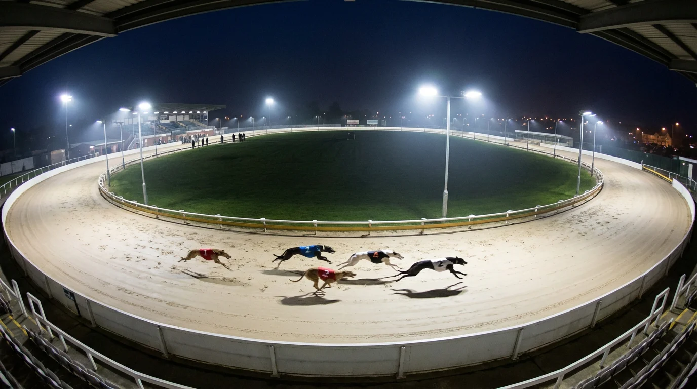 UK greyhound racing track — dogs racing around a floodlit stadium bend
